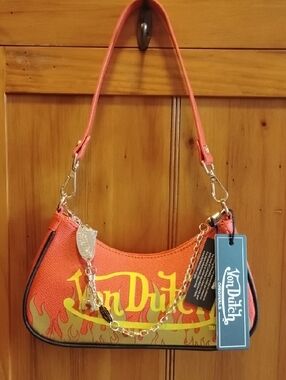 NWT 🔥Von Dutch Orange Shoulder Bag with Flame Graphic and Gold Chain